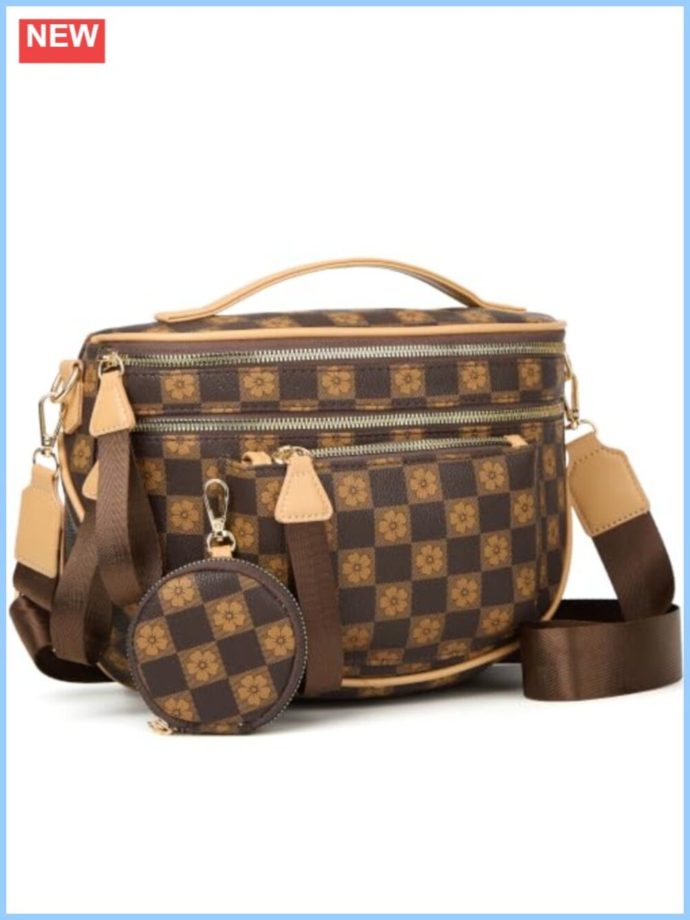 Vegan Leather Checkered Crossbody Bag & Bum Bag with Pouch